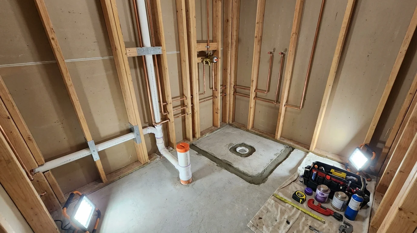 Bathroom rough-in plumbing during remodel by Johns Plumbing LLC in Rogers