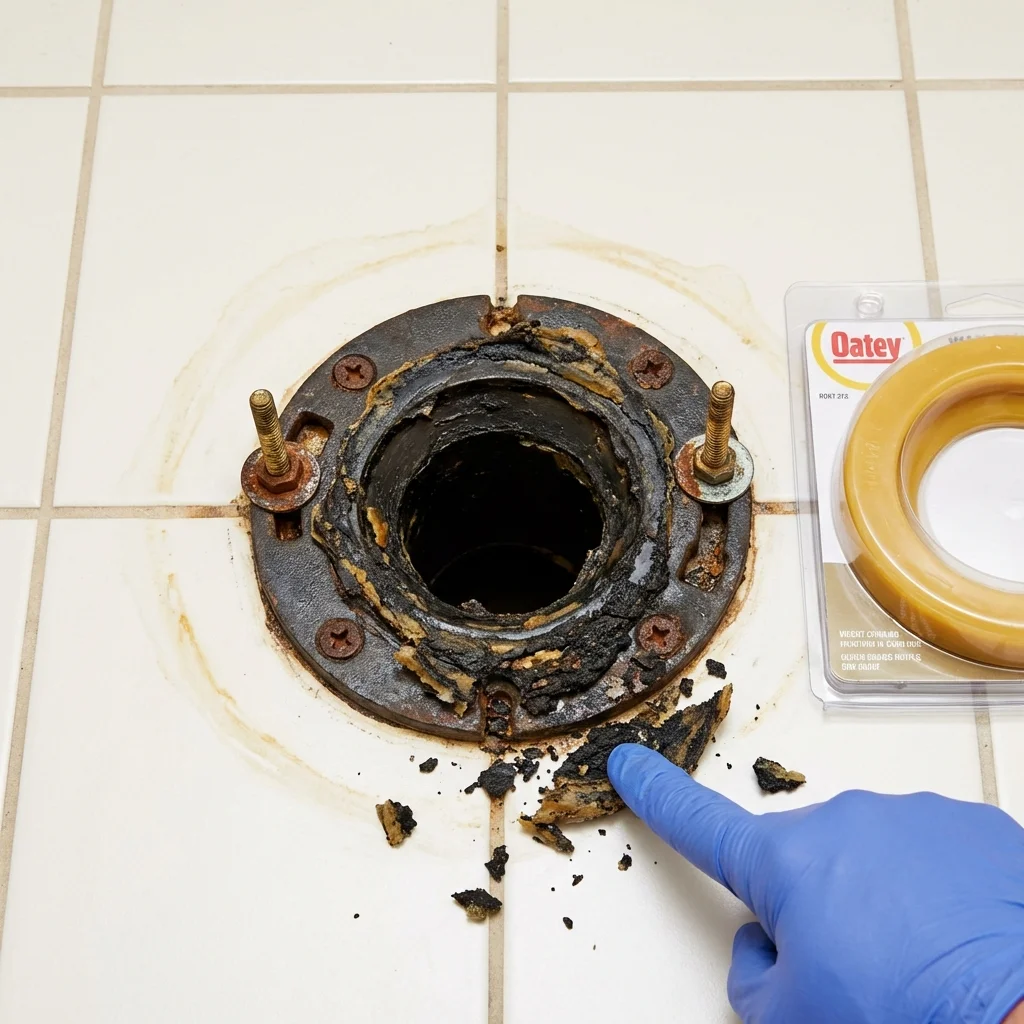 Failed wax ring showing water seepage at the base of a toilet in a Rogers, AR home