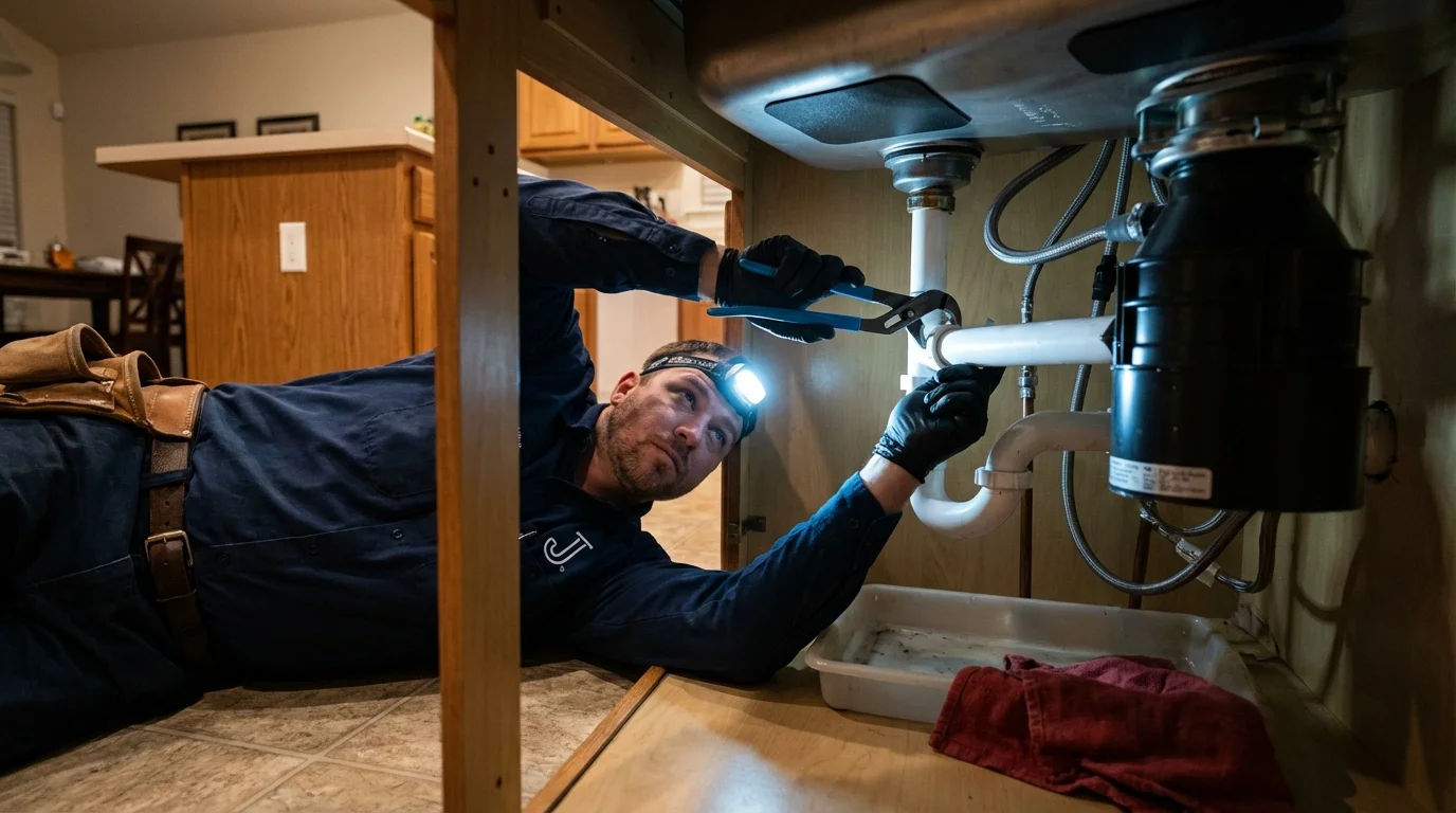 P-trap and supply line connections under a kitchen sink showing a common leak point in Rogers, AR